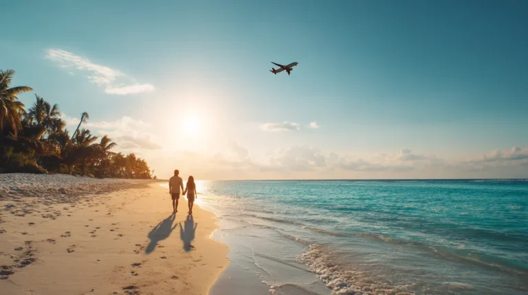 Couple arriving on a tropical beach with airplane above, symbolizing delta travel packages made easy.