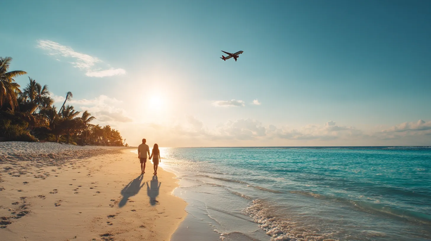 Couple arriving on a tropical beach with airplane above, symbolizing delta travel packages made easy.