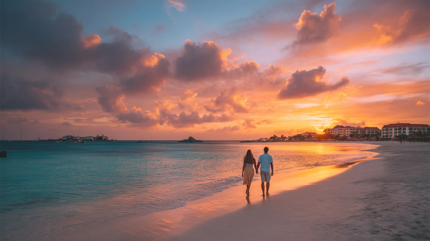 Couple enjoying Eagle Beach sunset during all inclusive vacation packages in Aruba.