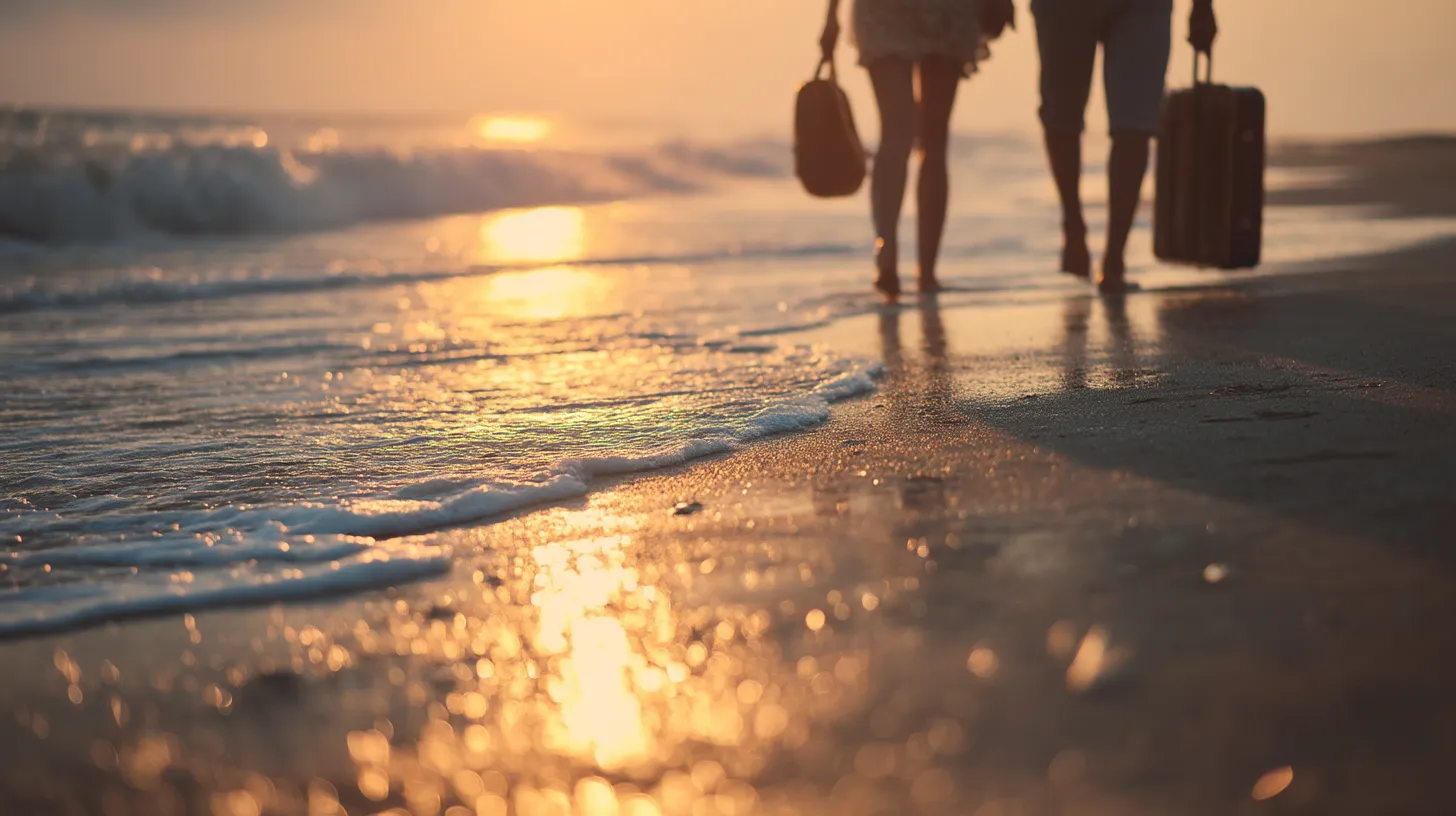 Couple enjoying sunset walk on a tropical beach with luggage, symbolizing smart travel packages.