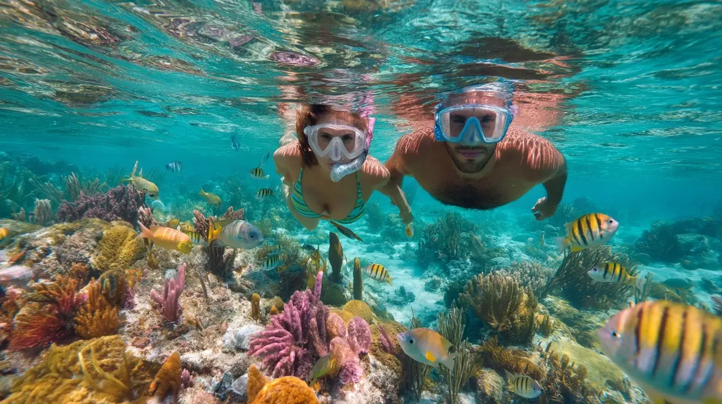 Couple snorkeling in Belize Barrier Reef with colorful coral.