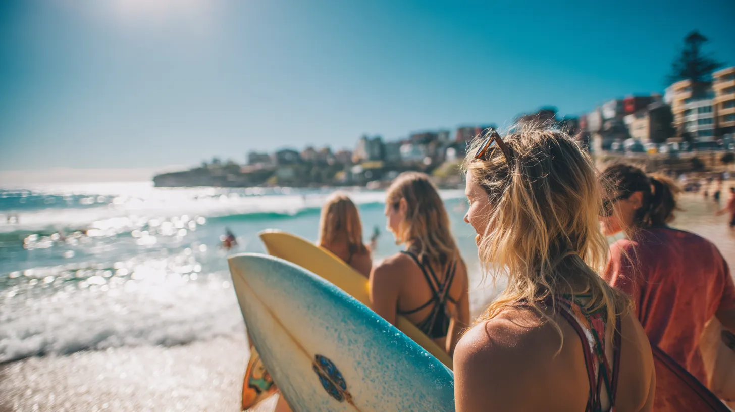 Friends at Bondi Beach with surfboards and Sydney Opera House in background.
