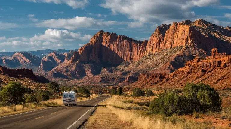 Family road trip through Southwest USA desert with red rock formations.