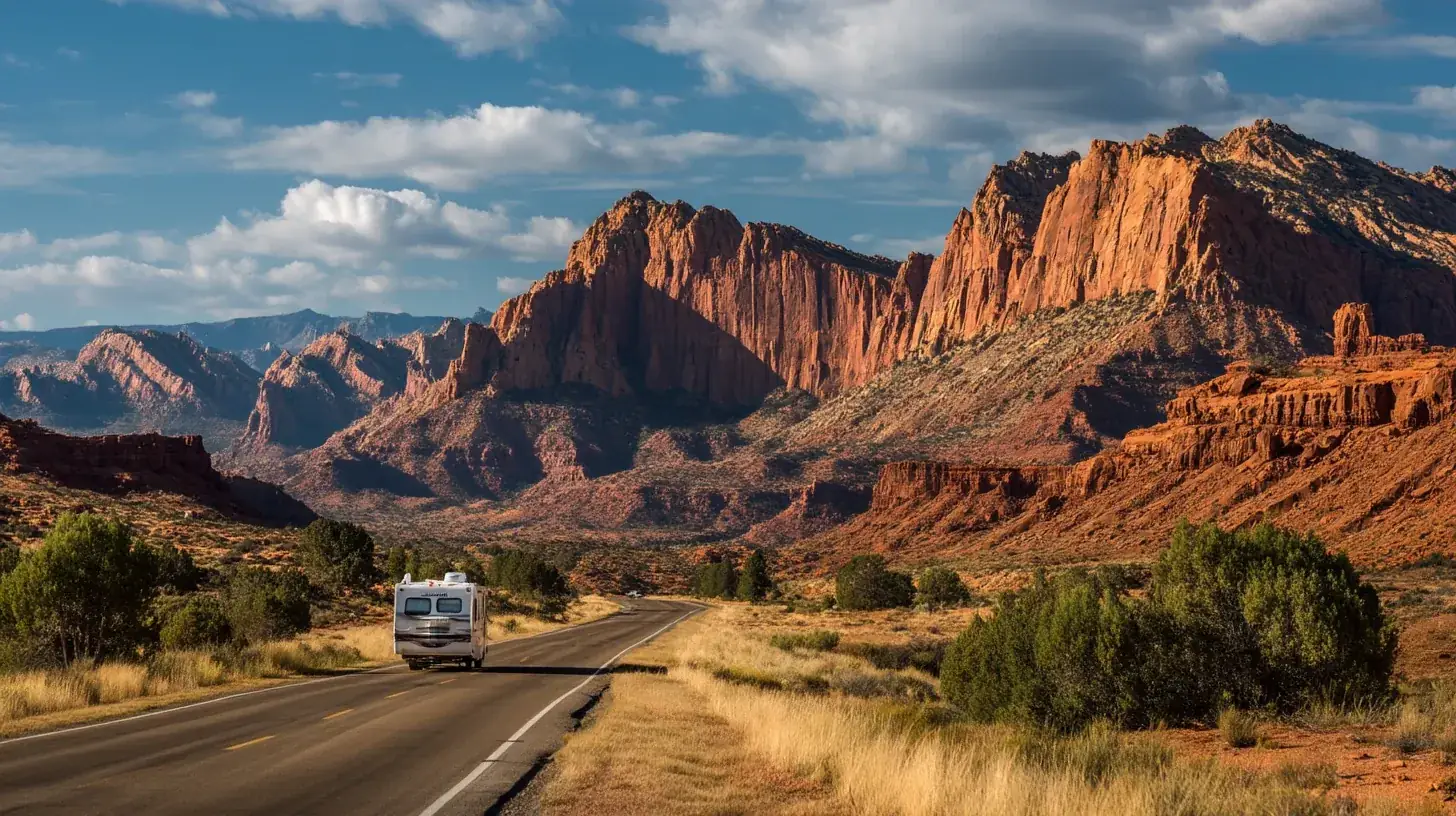 Family road trip through Southwest USA desert with red rock formations.