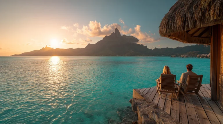 Couple in overwater bungalows at sunset – all inclusive vacation packages Bora Bora.