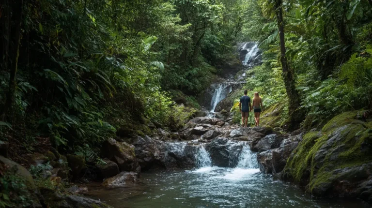 Couple exploring a lush rainforest waterfall on a Costa Rica vacation package.
