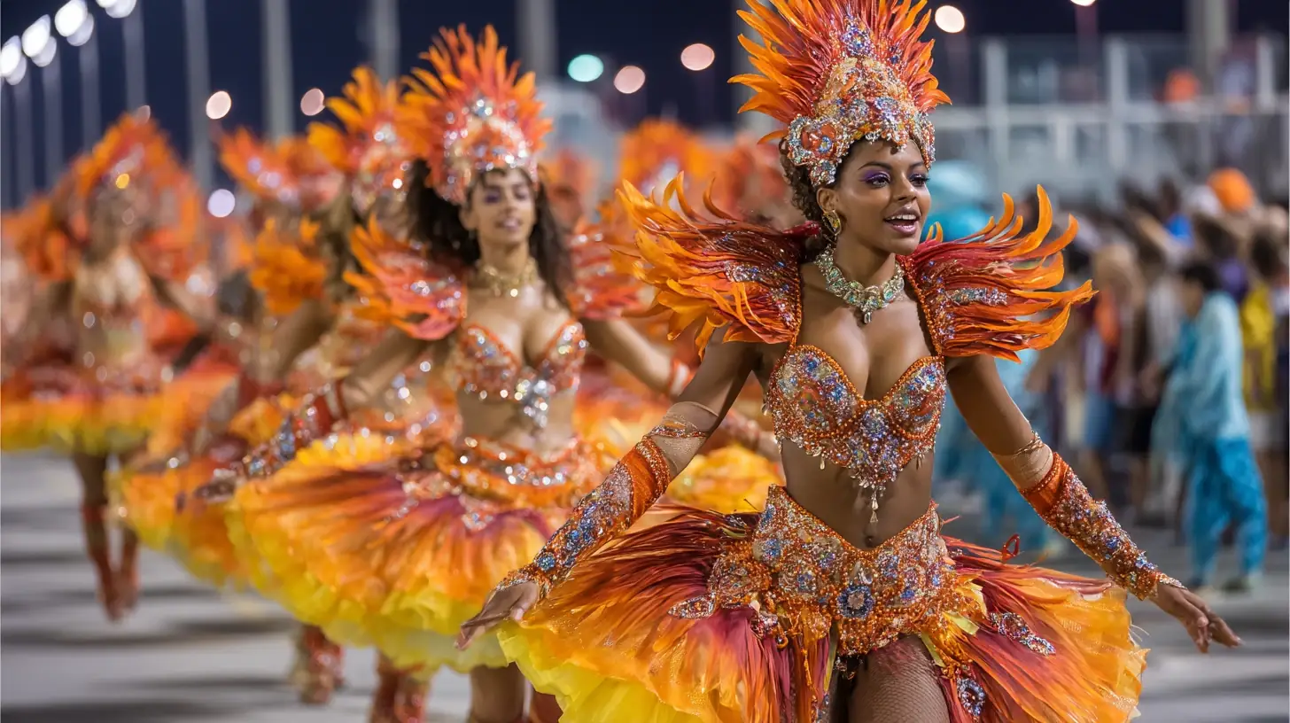 Travel packages to Brazil 2025 – Rio de Janeiro carnival dancers in colorful costumes.