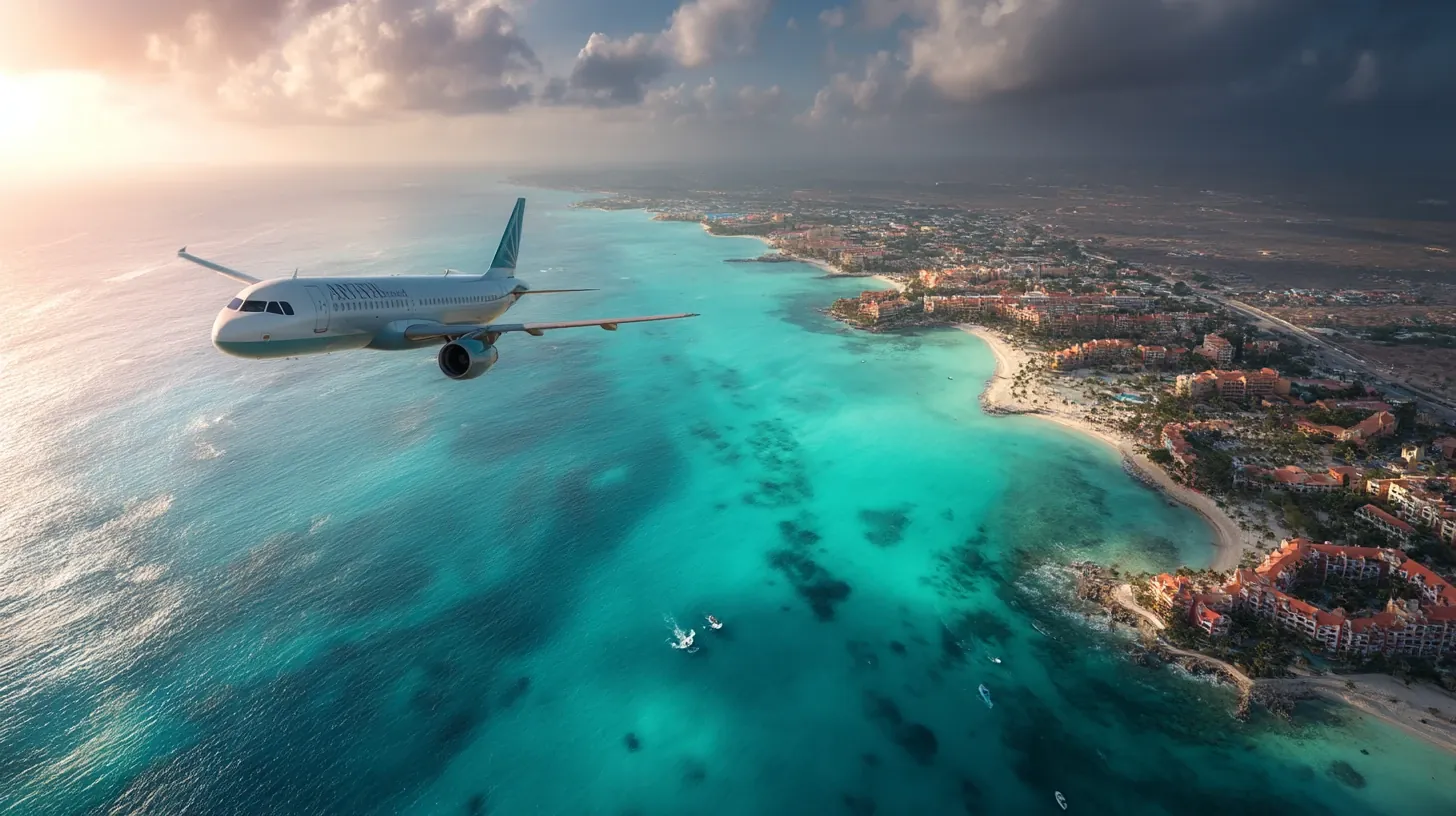 Airplane arriving over turquoise waters of Aruba for all inclusive vacation packages in Aruba.