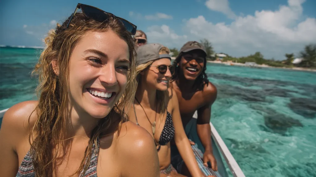 Group of friends enjoying a boat excursion included in a Belize vacation package.