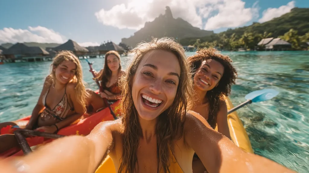 Group of friends kayaking on Bora Bora’s turquoise lagoon with Mount Otemanu in the background.