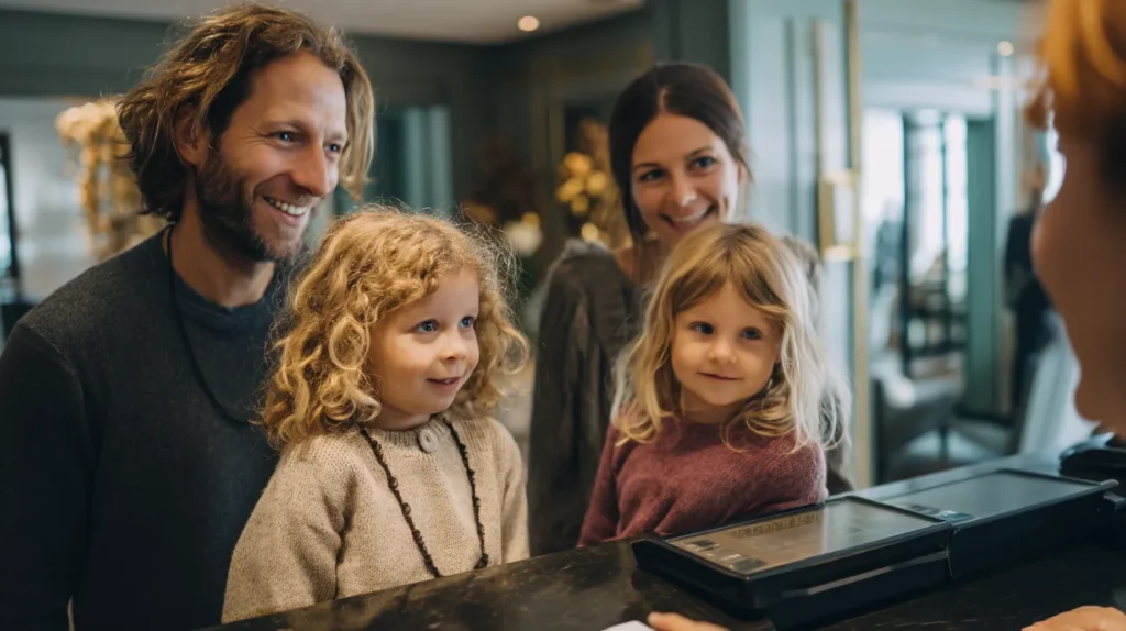 Family checking into a modern hotel, parents and kids smiling, showing ease of booking through Compare Travel Packages.