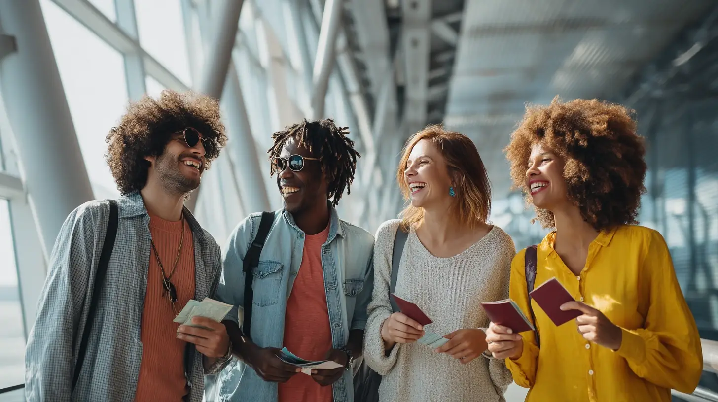 Group of friends preparing for their Brazil vacation package at the airport, holding tickets and smiling.
