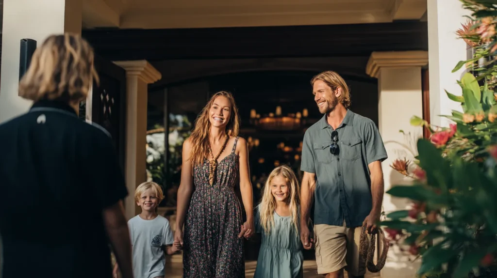 Smiling Australian family with kids checking into a resort hotel included in their vacation package from Australia.