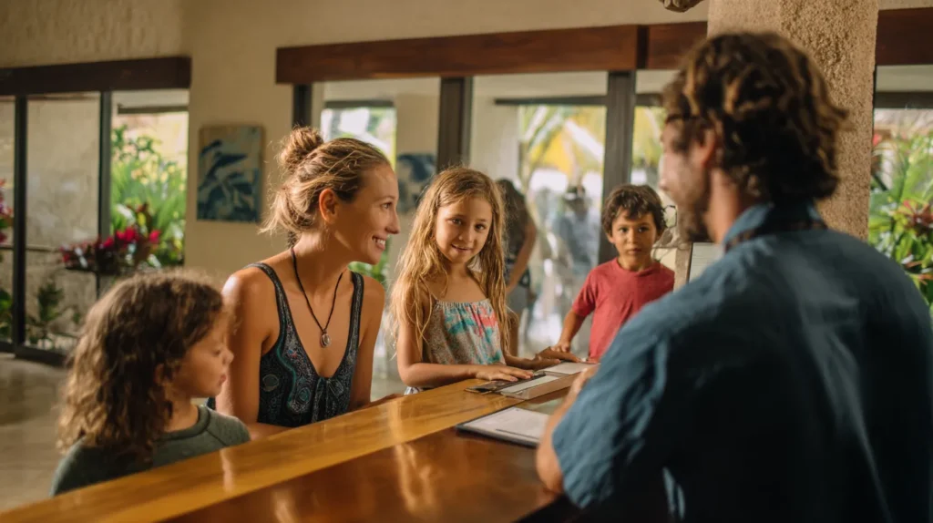 Family checking into a Belize beachfront hotel included in their vacation package.