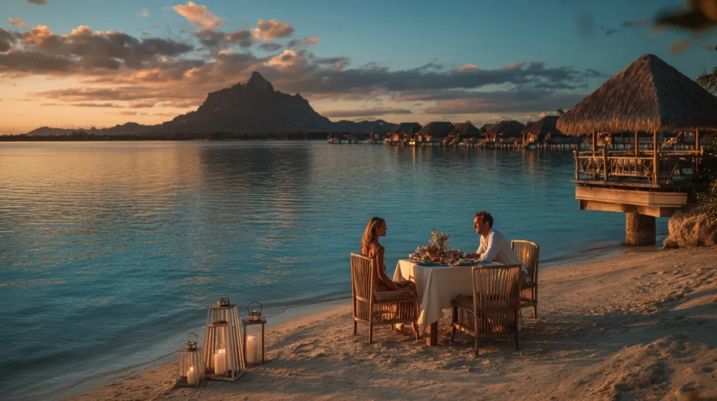 Couple enjoying a romantic beachfront dinner with seafood and wine in Bora Bora.