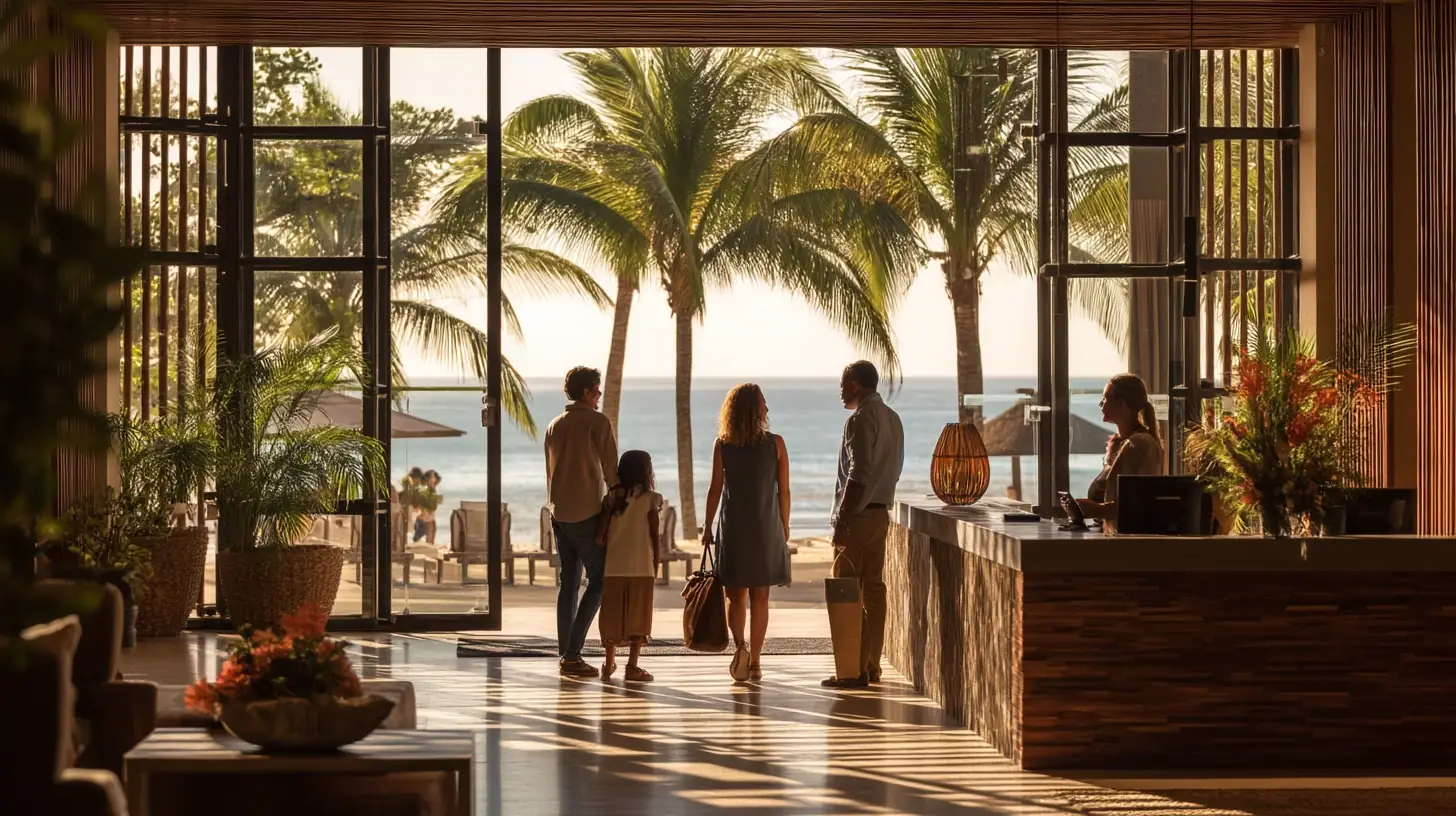 Family arriving at a Brazilian beachfront resort as part of their travel package.