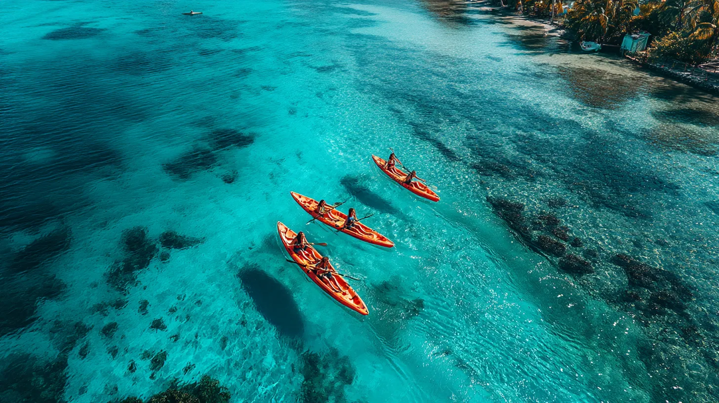 Group of friends kayaking in turquoise waters on a fun adventure, showcasing activities in travel packages.