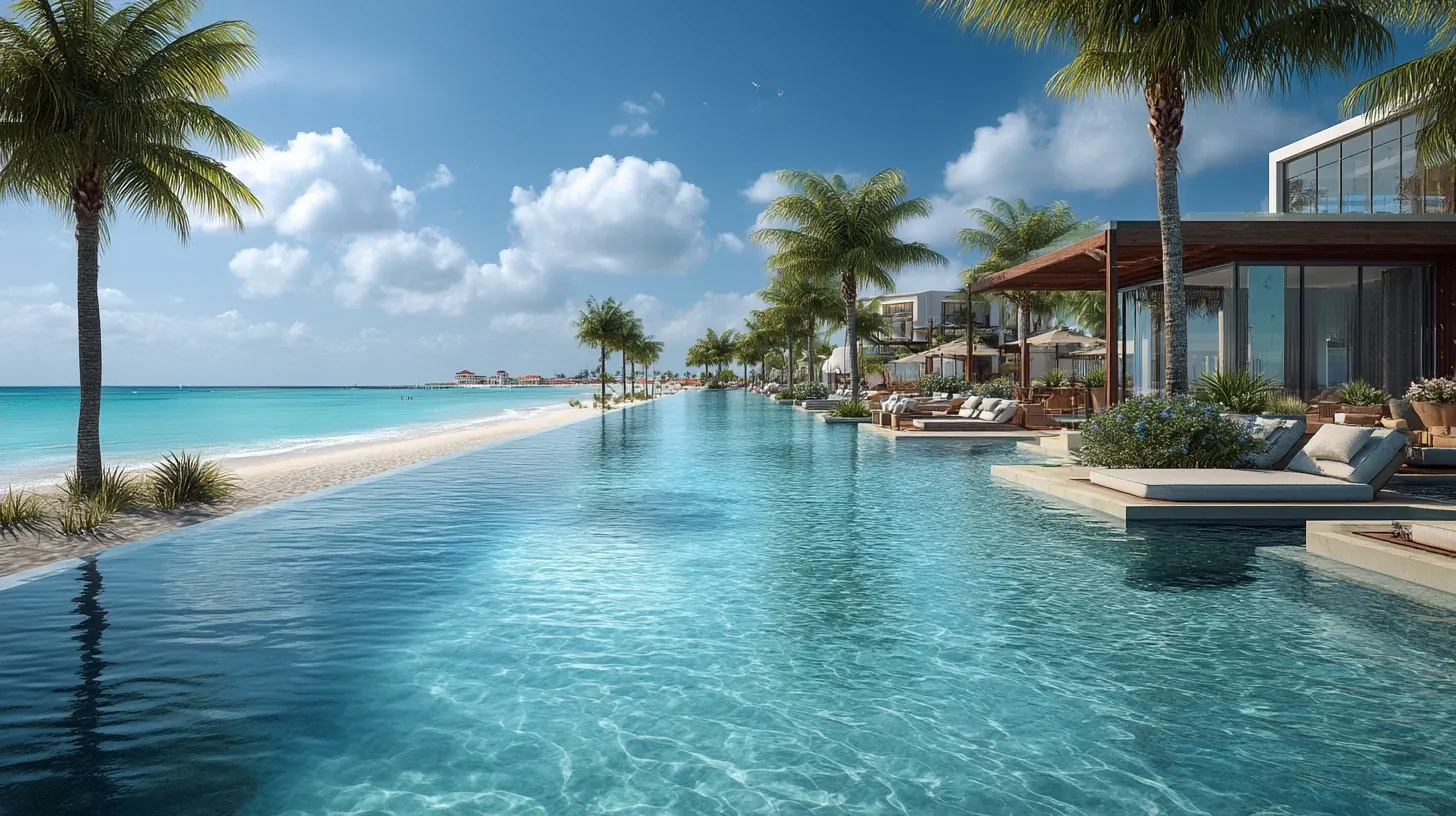 Luxury resort pool with oceanfront suite in Aruba.