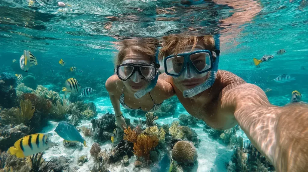 Couple snorkeling the coral reef in Belize as part of a vacation package.