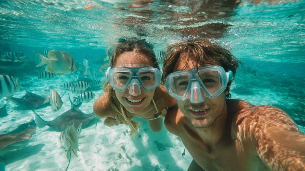 Young couple snorkeling in Bora Bora’s lagoon surrounded by colorful fish and rays.