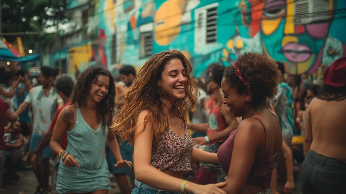 Group of friends learning samba in Rio de Janeiro during their Brazil travel package.
