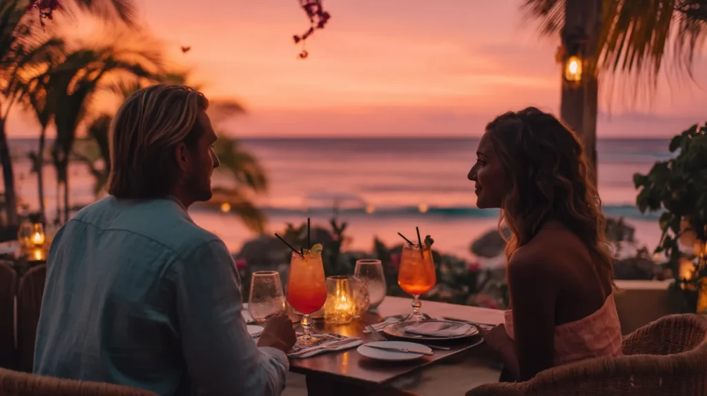 Couple enjoying a romantic beachfront dinner included in their vacation package from Australia.
