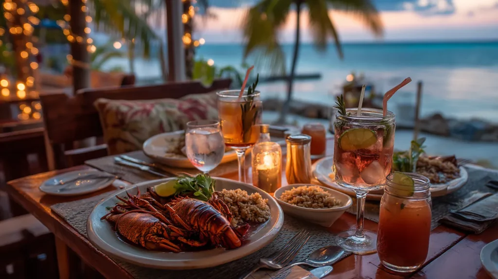 Grilled lobster and cocktails at a Belize beachfront restaurant.