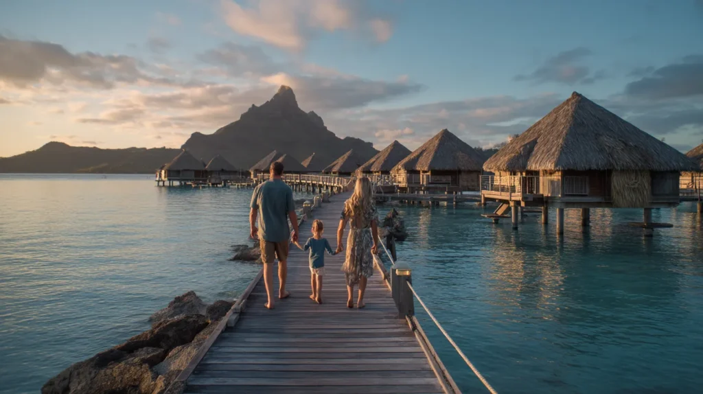 Family walking along a wooden pier toward overwater bungalows in Bora Bora at sunset.