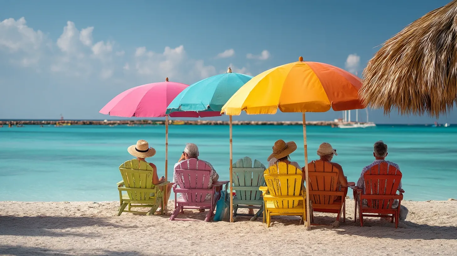Group of friends and family relaxing on Palm Beach in Aruba.