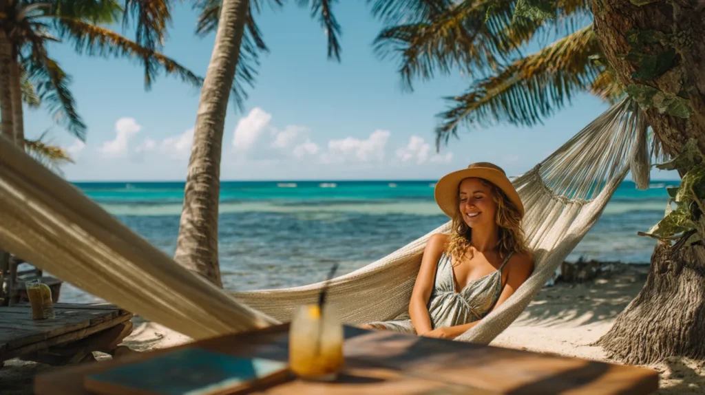 Traveler relaxing in hammock by the sea in Belize.
