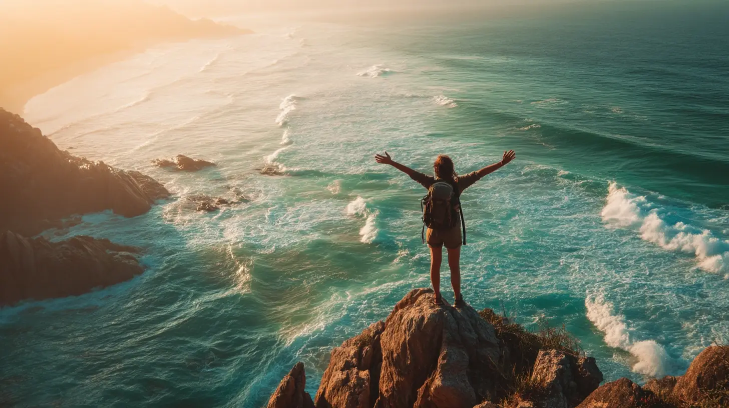 Traveler overlooking turquoise waters in Bahia, Brazil, symbolizing adventure and freedom in travel packages.