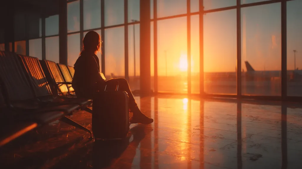 Traveler waiting at airport gate with suitcase, ready to begin an Australia travel package abroad.
