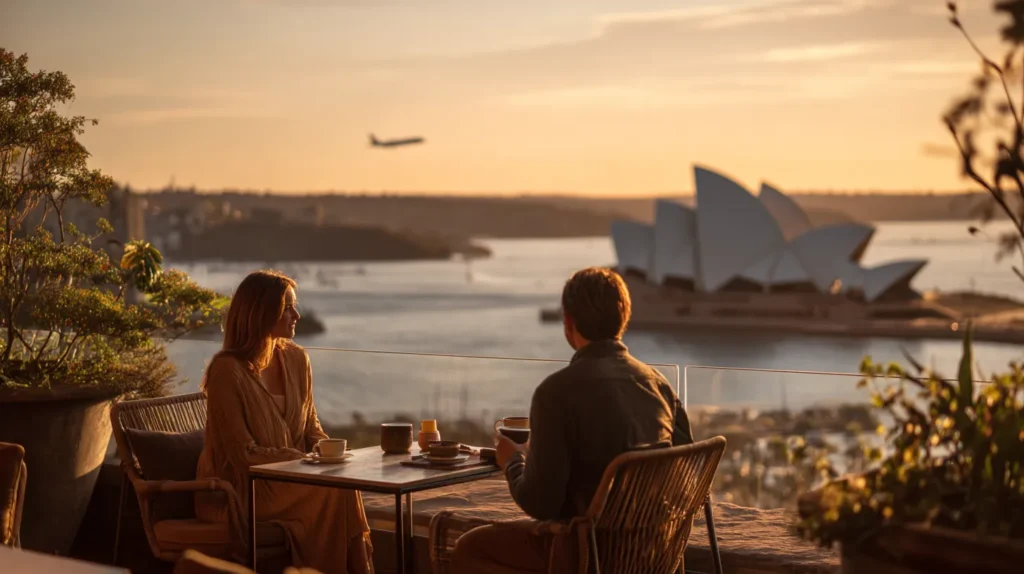 Scenic view of Sydney Harbour with Opera House and Harbour Bridge at golden hour, couple enjoying coffee on a terrace.
