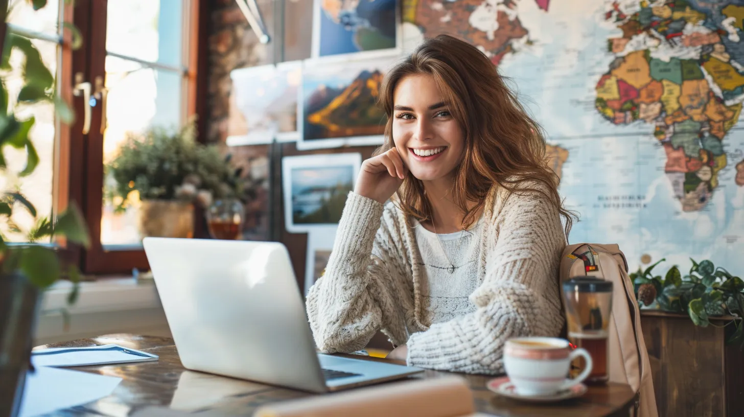 Smiling woman sitting at a desk with laptop and coffee, travel photos and world map in background, symbolizing personal travel storytelling.