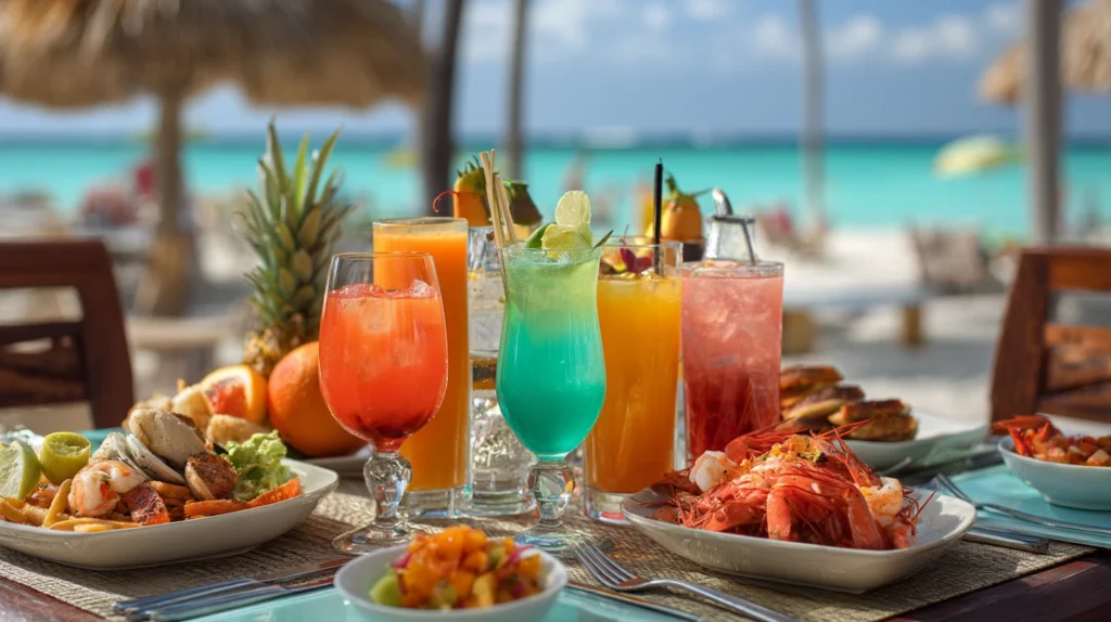 Colorful cocktails and seafood dishes at an Aruba resort