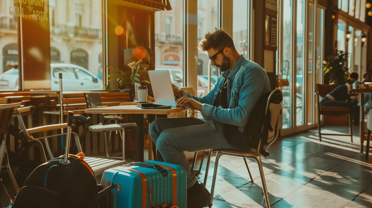 Traveler at café table working on laptop with suitcase beside chair, symbolizing easy and approachable travel communication.