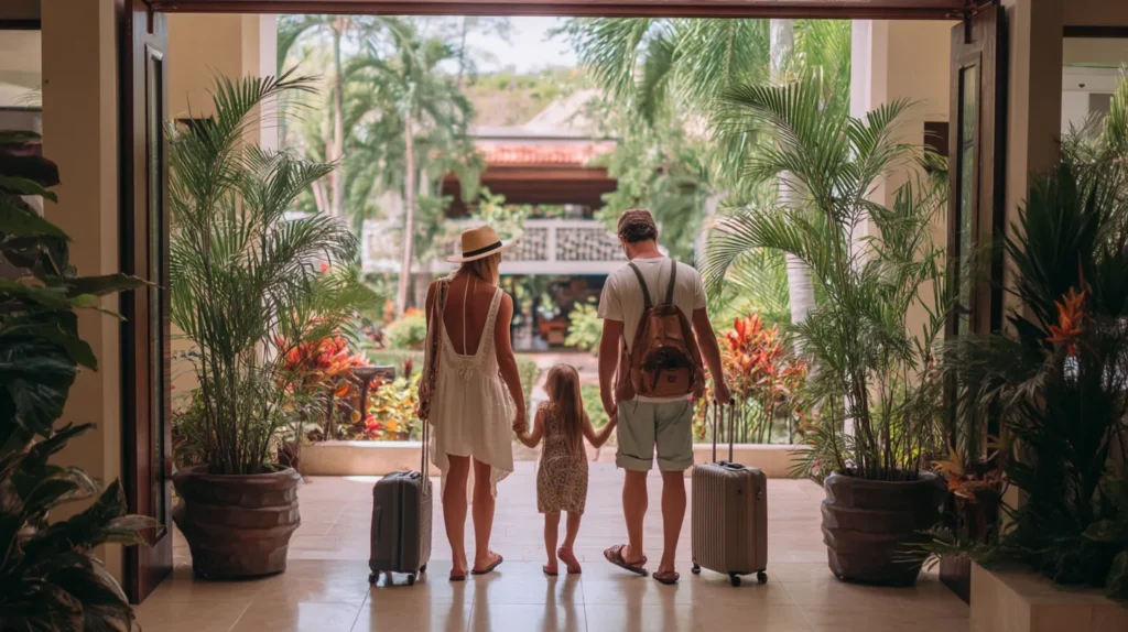 A family checking in at a Costa Rica all-inclusive resort during their vacation package stay.