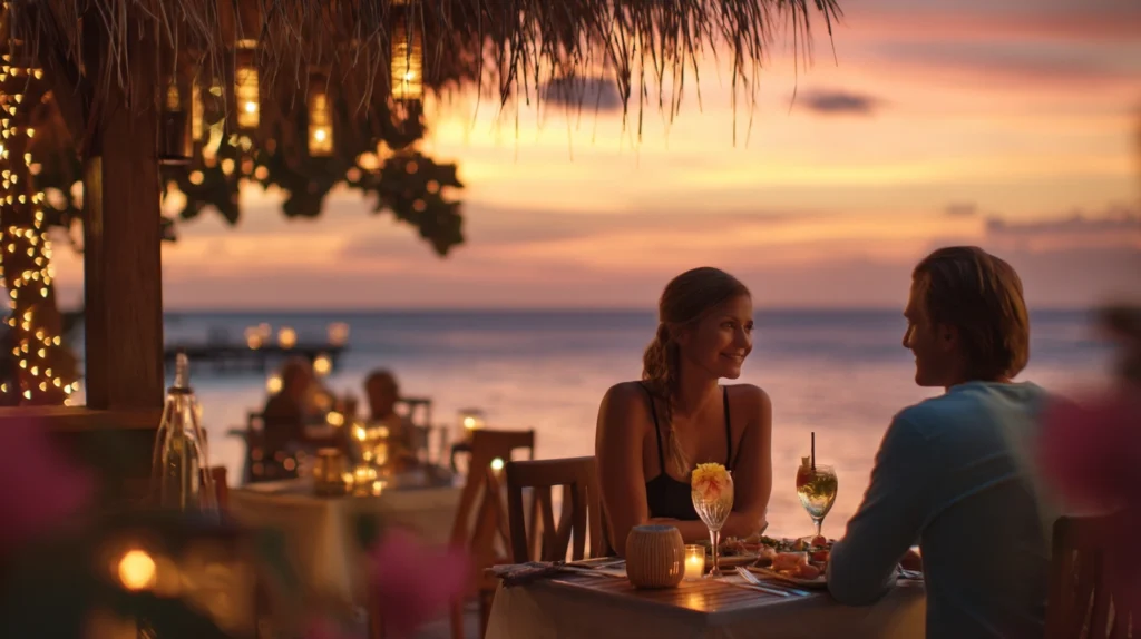 Couple enjoying candlelit dinner with tropical cocktails and seafood at a beachfront resort.