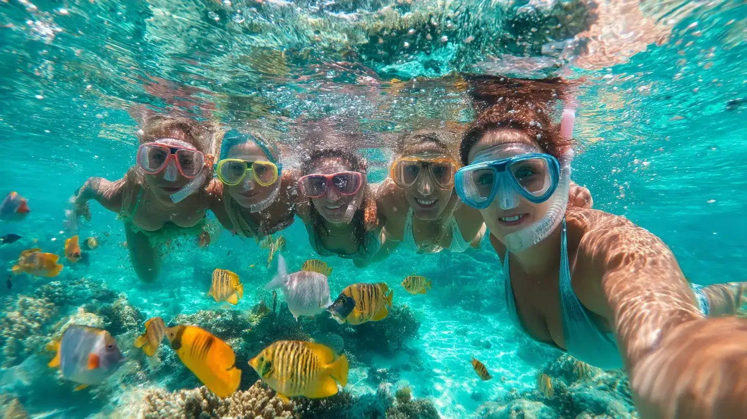 Friends snorkeling in tropical waters surrounded by coral reefs and colorful fish.