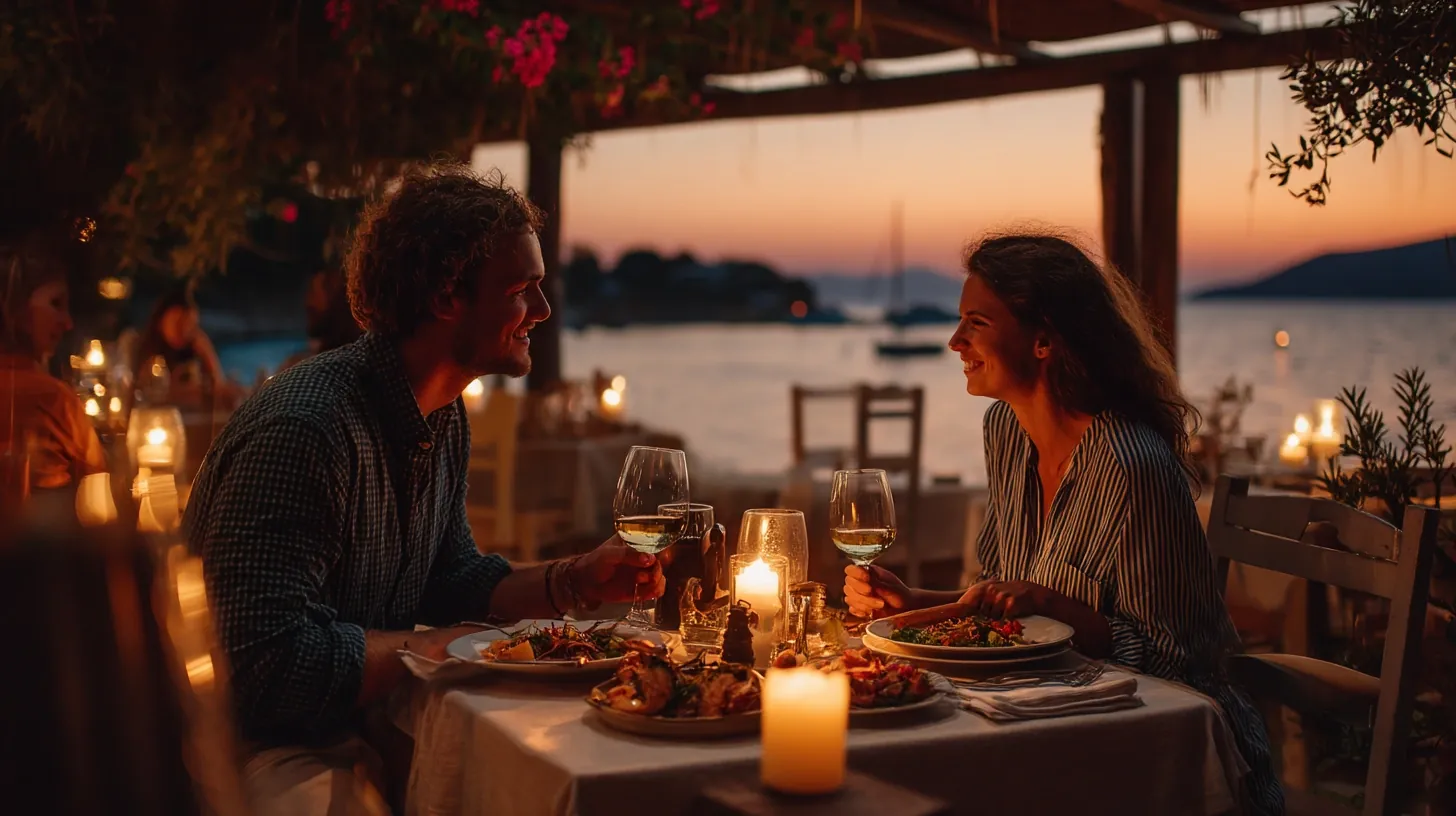 Couple enjoying a romantic seaside dinner with wine on vacation.