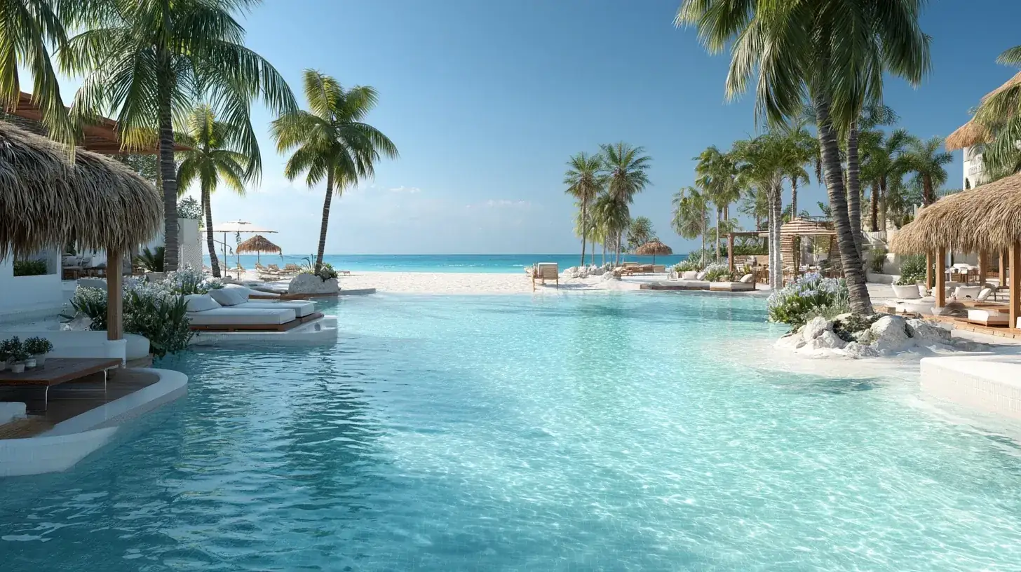 Luxury beachfront resort with pool and palm trees included in vacation packages all inclusive Aruba