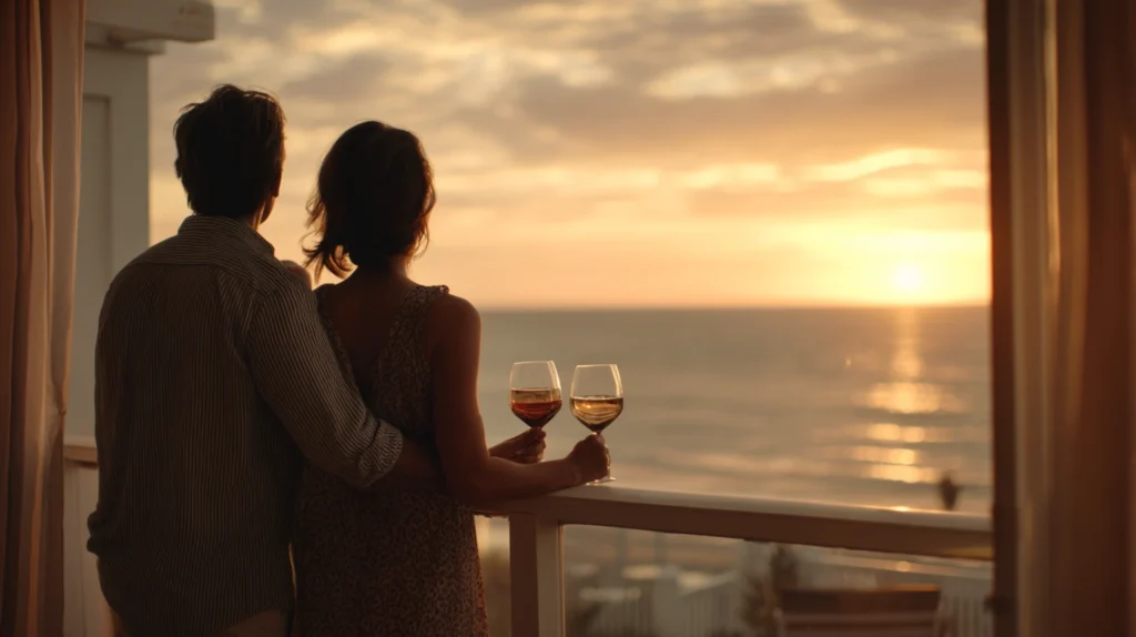 Couple enjoying sunset with wine on a resort balcony, symbolizing vacation packages at Costco