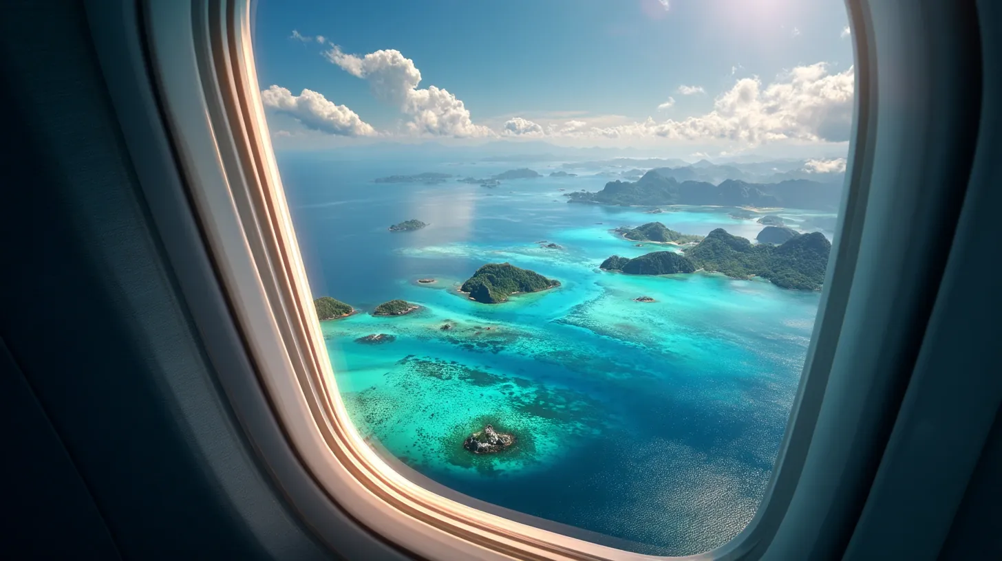 Airplane soaring above turquoise ocean islands, highlighting flights in vacation packages at Costco.