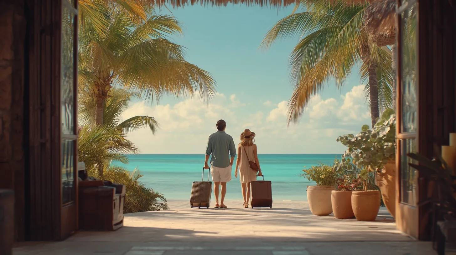 Couple arriving at a tropical resort with suitcases, symbolizing vacation packages at Costco.