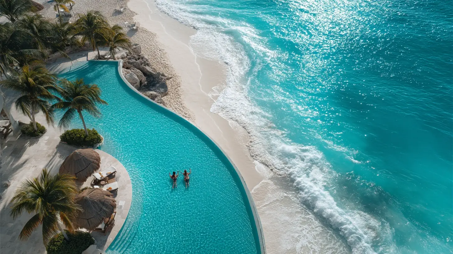 Aerial view of a luxury adults only all inclusive resort in Cancun with infinity pool and turquoise Caribbean waters