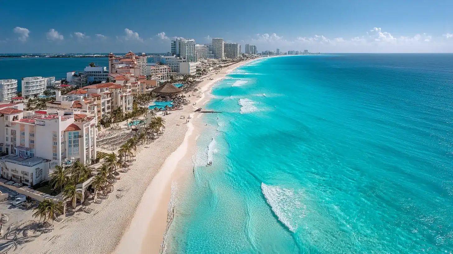 Aerial view of Cancun Hotel Zone showing turquoise water, luxury resorts, and white beaches – all inclusive vacation packages in Cancun.