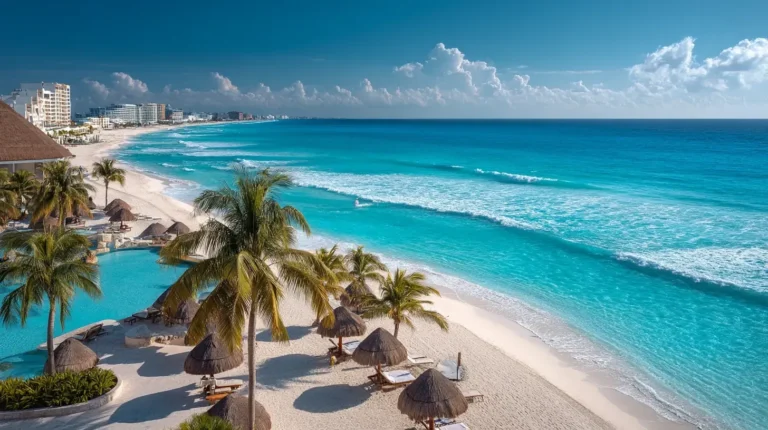 Cancun all inclusive deals – beachfront resort with turquoise ocean and palm trees in Mexico.