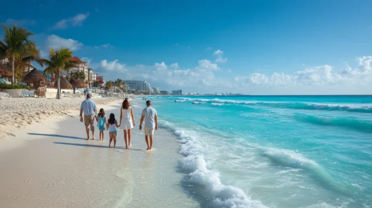 Happy family walking along the beach at an all inclusive resort in Cancun with turquoise water and palm trees.
