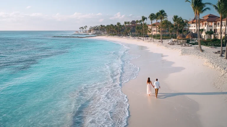 Couple walking along a tropical beach at sunset featured in All Inclusive Vacation Packages 2025.