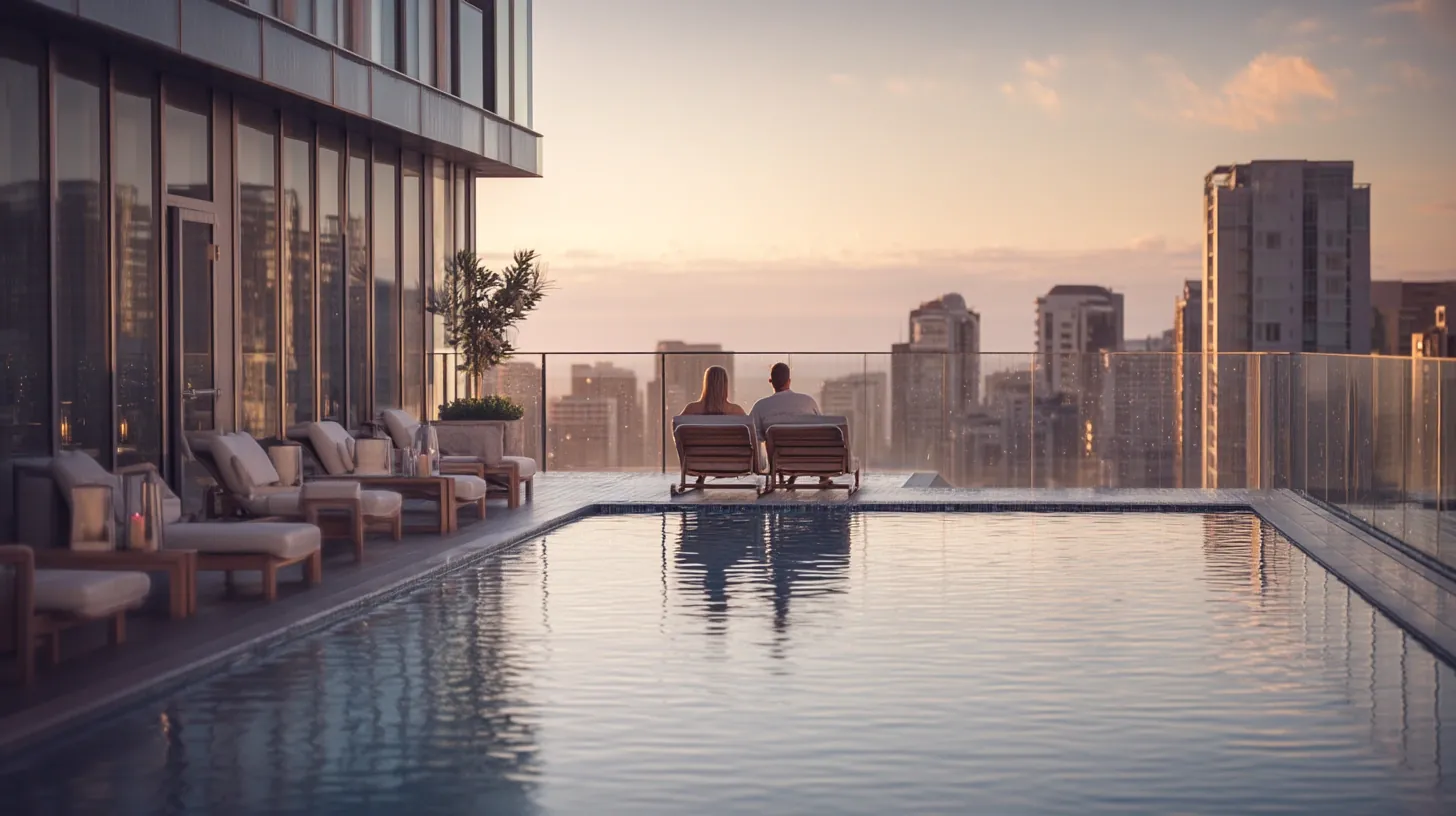 Couple relaxing by a city hotel pool with a skyline view at sunset, symbolizing luxury all-inclusive travel.